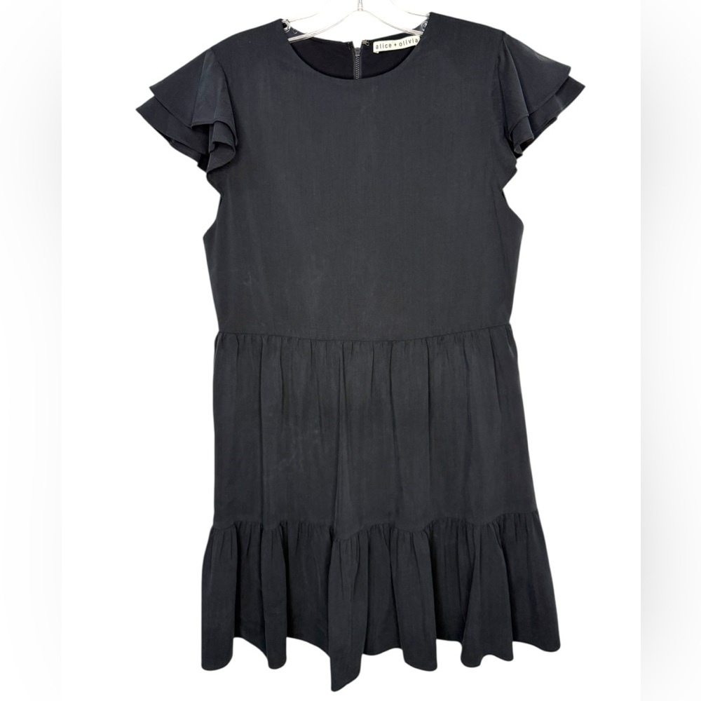 Alice + Olivia Demi Flutter-Sleeve Babydoll Dress in Black Size Small